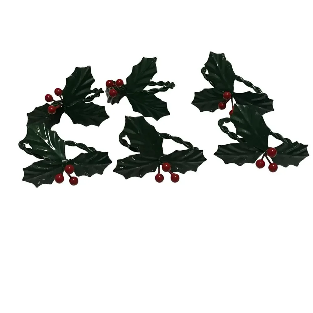 Holiday Holly and Berry Metal Napkin Rings Set of 6